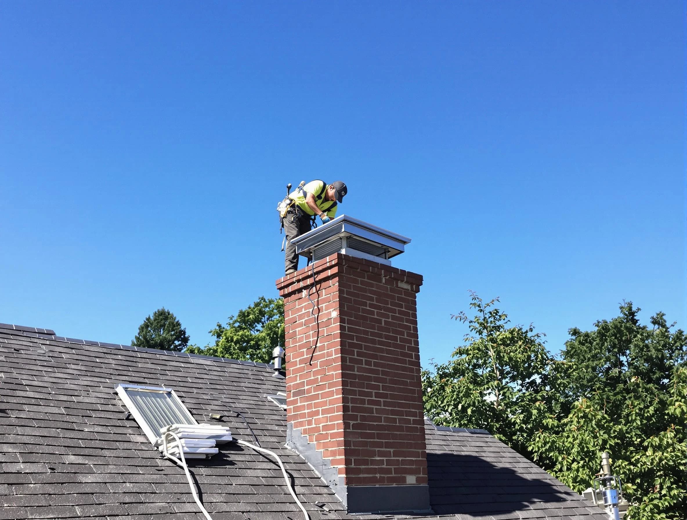 Jackson Chimney Sweep technician measuring a chimney cap in Jackson, NJ